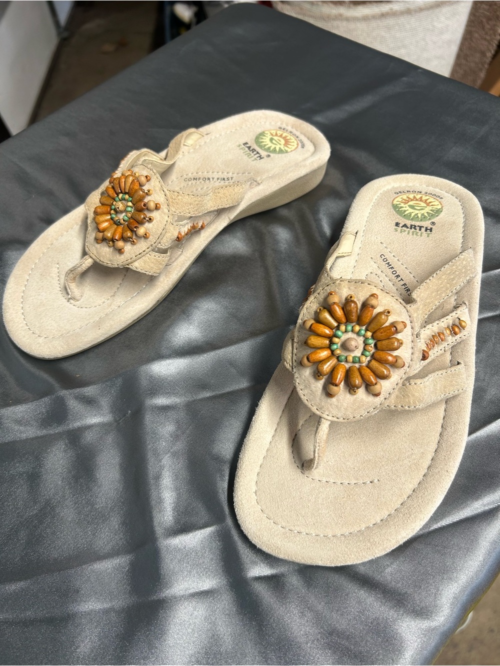 Earth Spirit Beige Suede-Look Beaded Thong Sandals